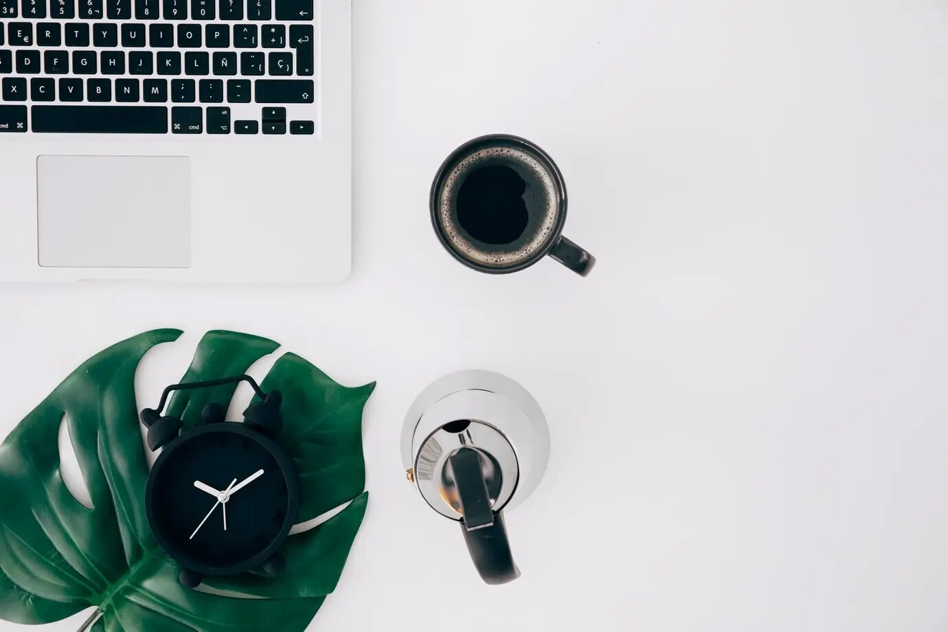 Monsterblatt auf einem Wecker; Wasserkocher; Kaffeetasse und Laptop vor weißem Hintergrund